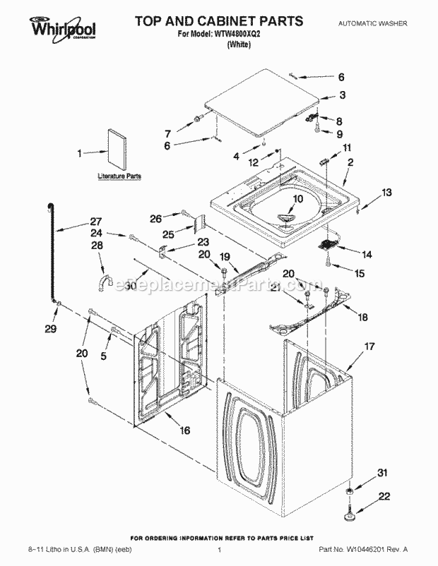 TOP AND CABINET PARTS Diagram and Parts List for WTW4800XQ2  Whirlpool Washer