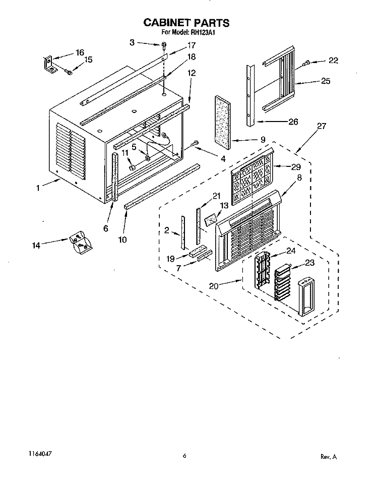 CABINET Diagram and Parts List for RH123A1  Whirlpool Air Conditioner