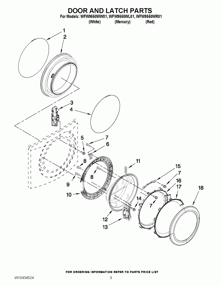DOOR AND LATCH PARTS Diagram and Parts List for WFW9550WL01  Whirlpool Washer