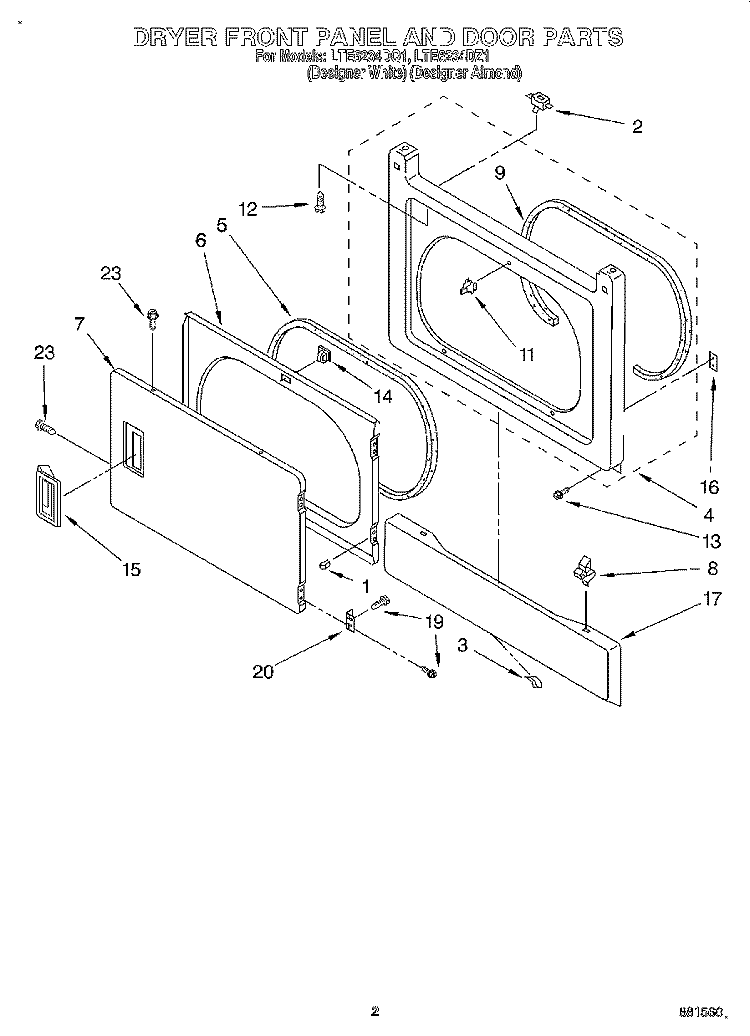 DRYER FRONT PANEL AND DOOR Diagram and Parts List for LTE6234DQ1  Whirlpool Washer Dryer Combo