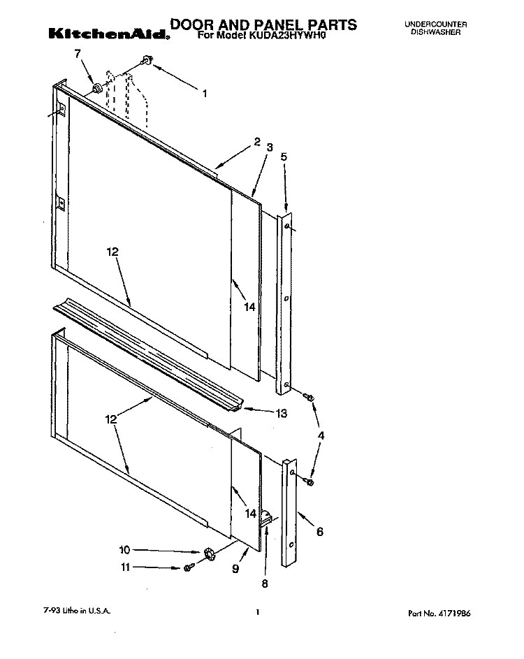 DOOR AND PANEL Diagram and Parts List for KUDA23HYWH0  KitchenAid Dishwasher