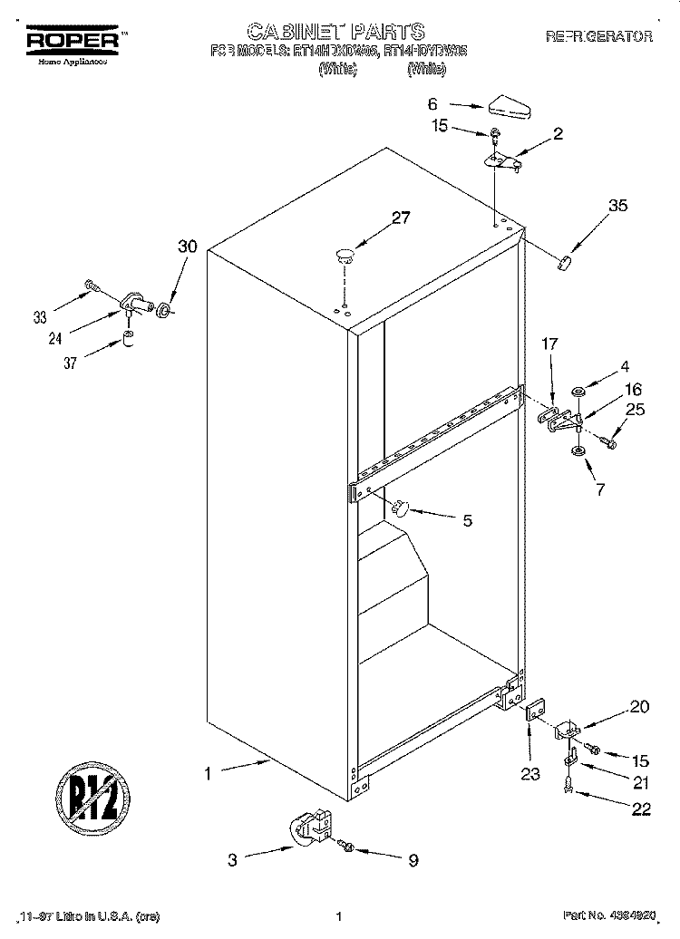 CABINET Diagram and Parts List for RT14HDXDW05  Roper Refrigerator