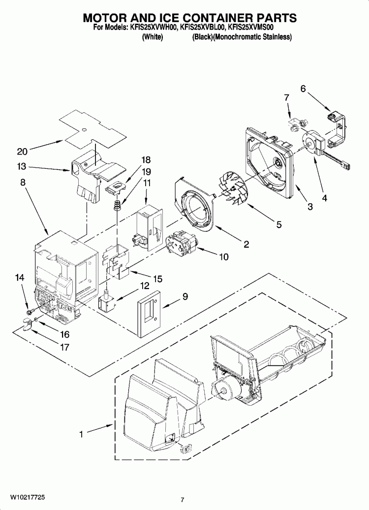 MOTOR AND ICE CONTAINER PARTS Diagram and Parts List for KFIS25XVMS00  KitchenAid Refrigerator