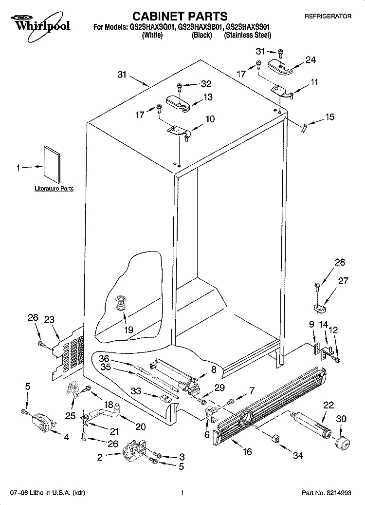 CABINET PARTS Diagram and Parts List for GS2SHAXSQ01  Whirlpool Refrigerator