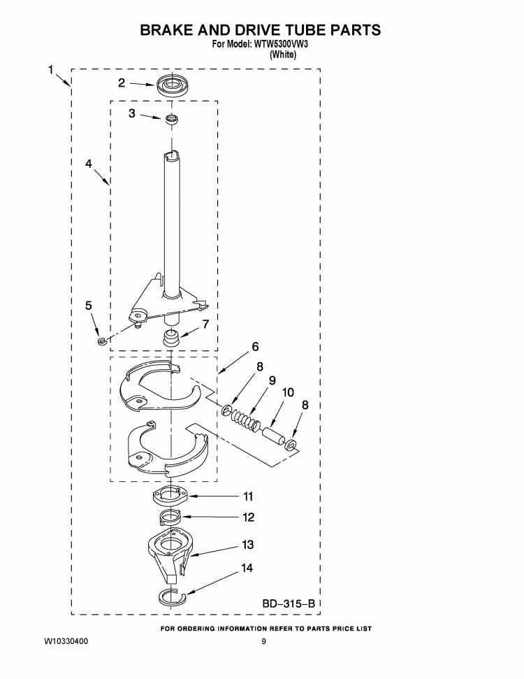 BRAKE AND DRIVE TUBE PARTS Diagram and Parts List for WTW5300VW3  Whirlpool Washer