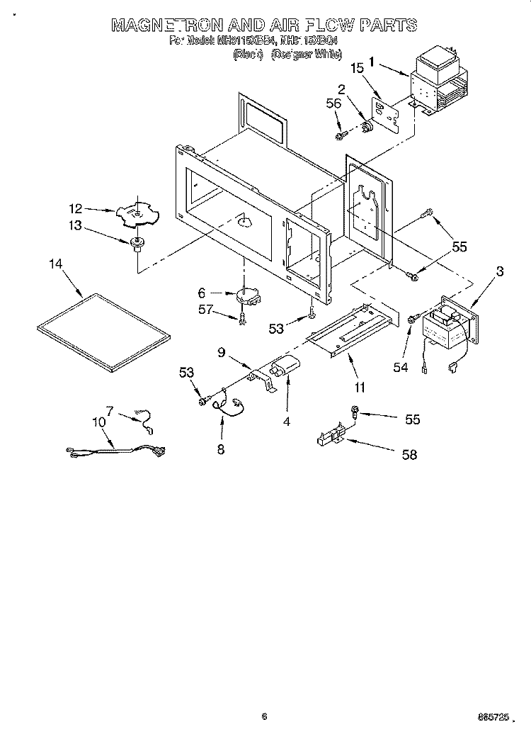 MAGNETRON AND AIR FLOW Diagram and Parts List for MH9115XBQ4  Whirlpool Microwave