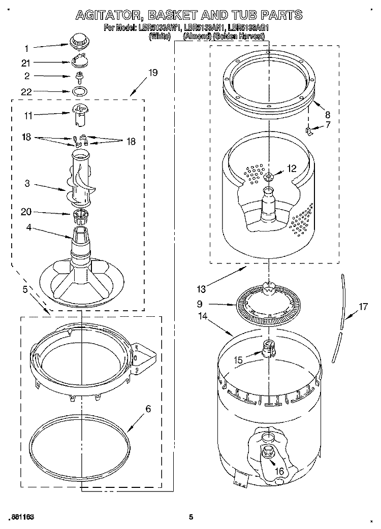 AGITATOR, BASKET AND TUB Diagram and Parts List for LBR5133AN1  Whirlpool Washer
