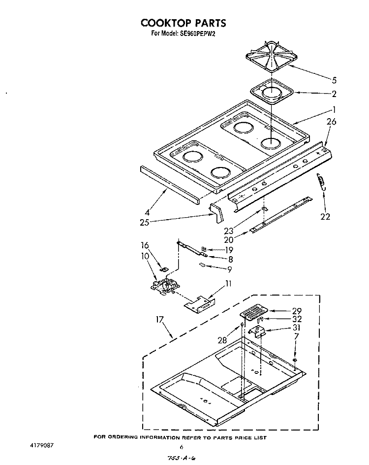 COOK TOP Diagram and Parts List for SE960PEPW2  Whirlpool Range