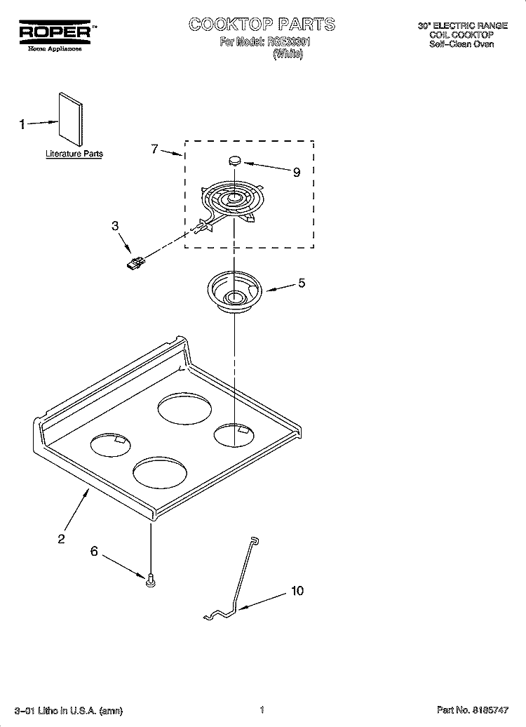 COOKTOP PARTS Diagram and Parts List for RGE33301  Roper Range