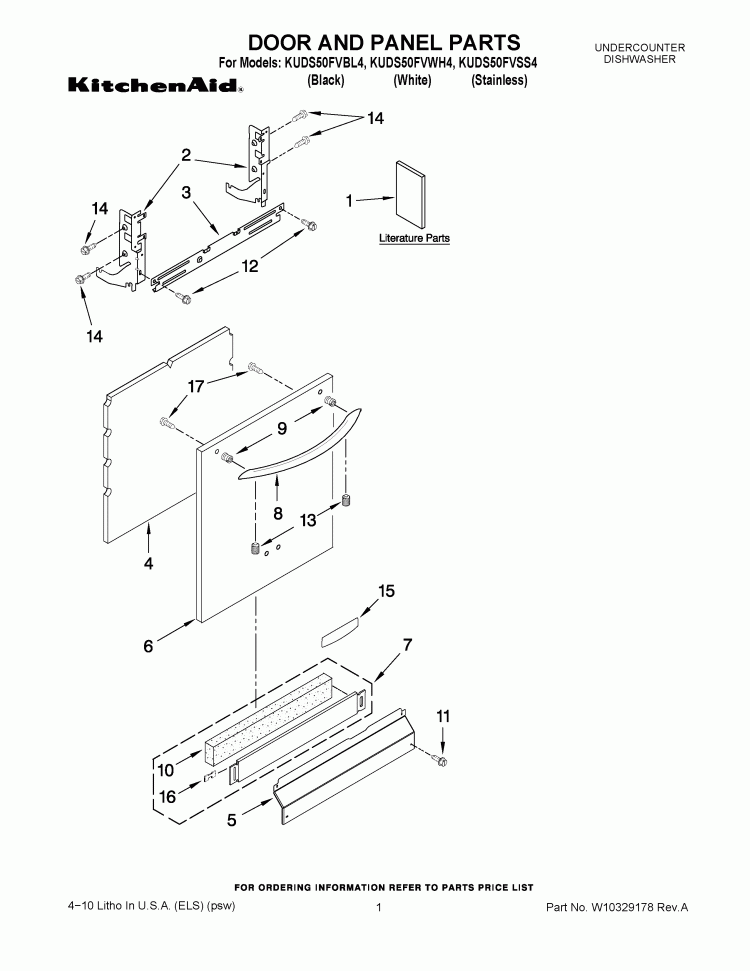 DOOR AND PANEL PARTS Diagram and Parts List for KUDS50FVBL4  KitchenAid Dishwasher