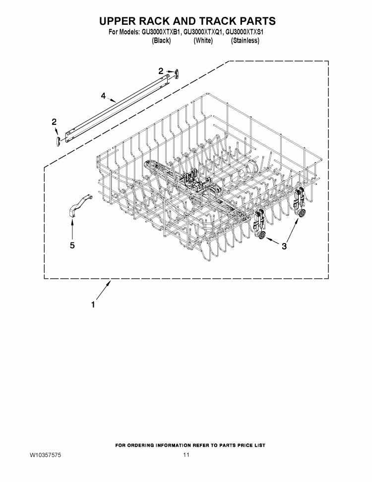 UPPER RACK AND TRACK PARTS Diagram and Parts List for GU3000XTXS1  Whirlpool Dishwasher