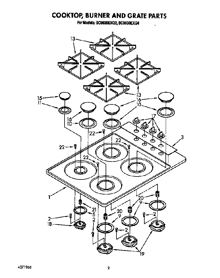 Cooktop, Burner, Grate Parts Diagram and Parts List for SC8630EXQ4  Whirlpool Cooktop