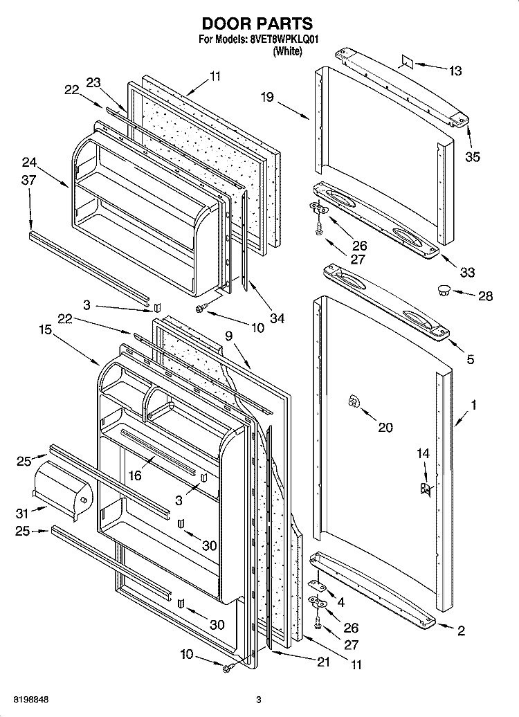 DOOR PARTS Diagram and Parts List for 8VET8WPKLQ01  Whirlpool Refrigerator