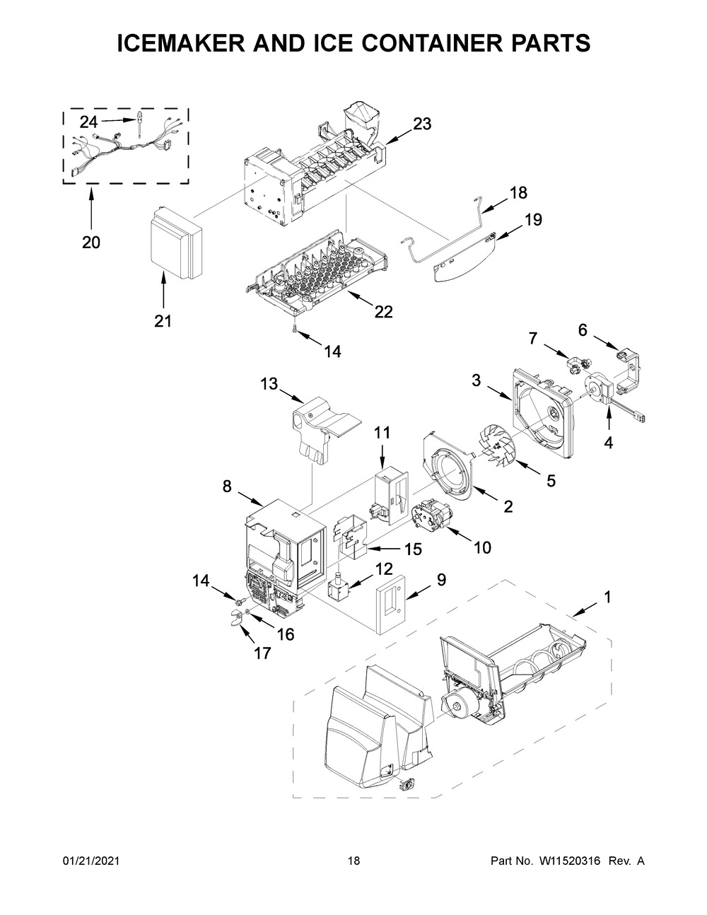 Icemaker And Ice Container Parts Diagram and Parts List for WRF555SDFZ12  Whirlpool Refrigerator