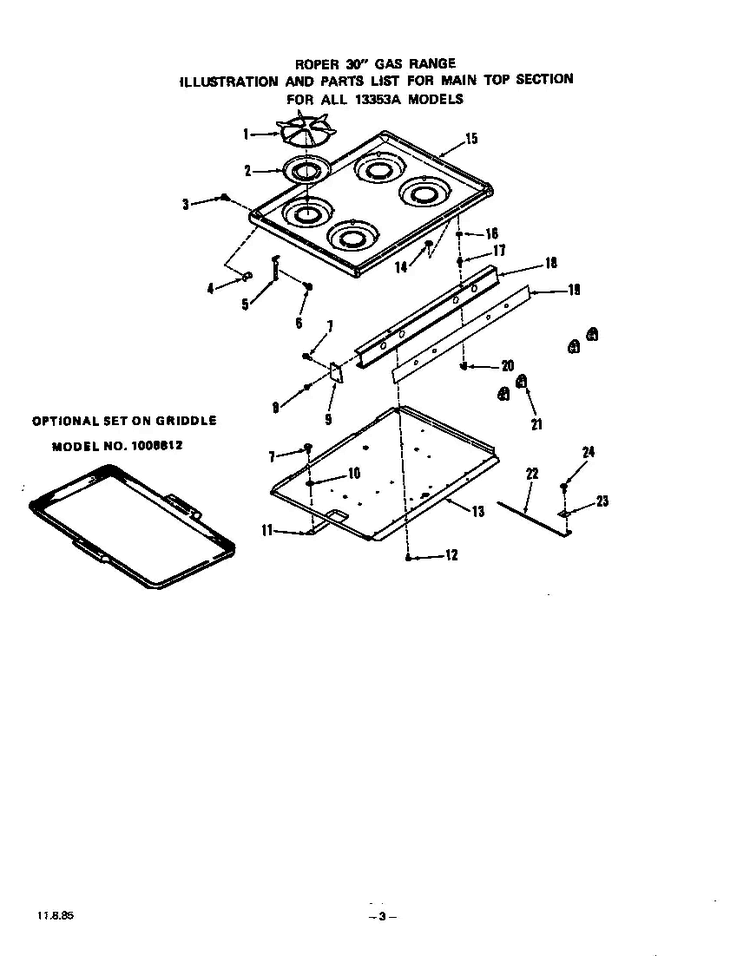 Main Top Diagram and Parts List for 1335*3A  Roper Range