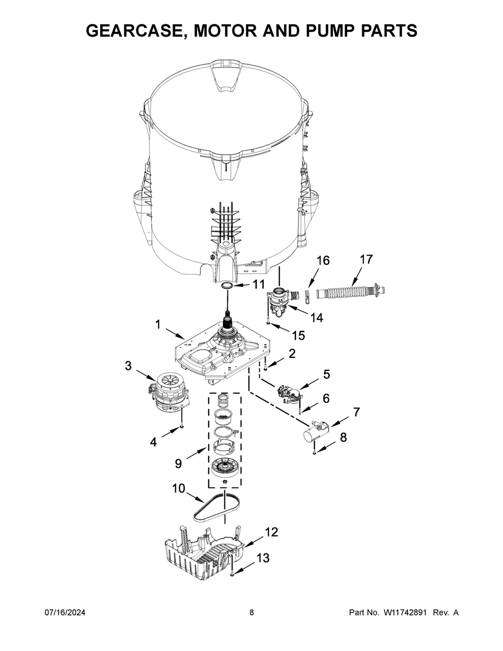 05 - Gearcase, Motor And Pump Parts Diagram and Parts List for WTW5010LW1  Whirlpool Washer