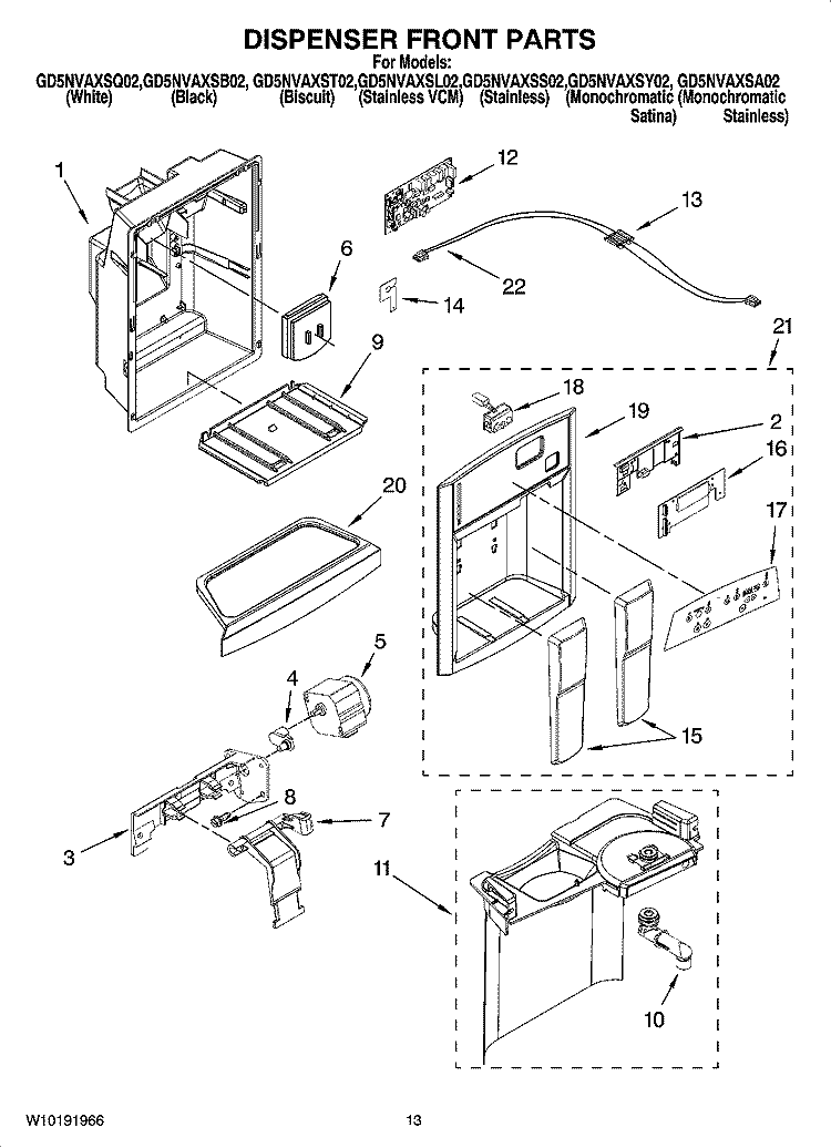 DISPENSER FRONT PARTS Diagram and Parts List for GD5NVAXSA02  Whirlpool Refrigerator
