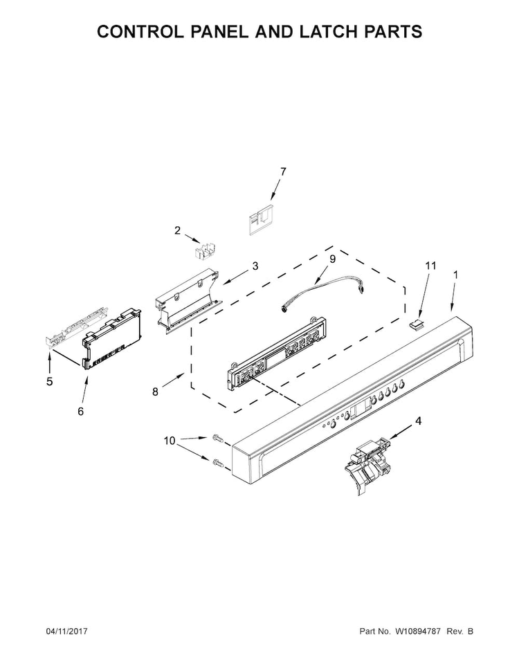 Control Panel And Latch Parts Diagram and Parts List for WDF770SAFZ0  Whirlpool Dishwasher