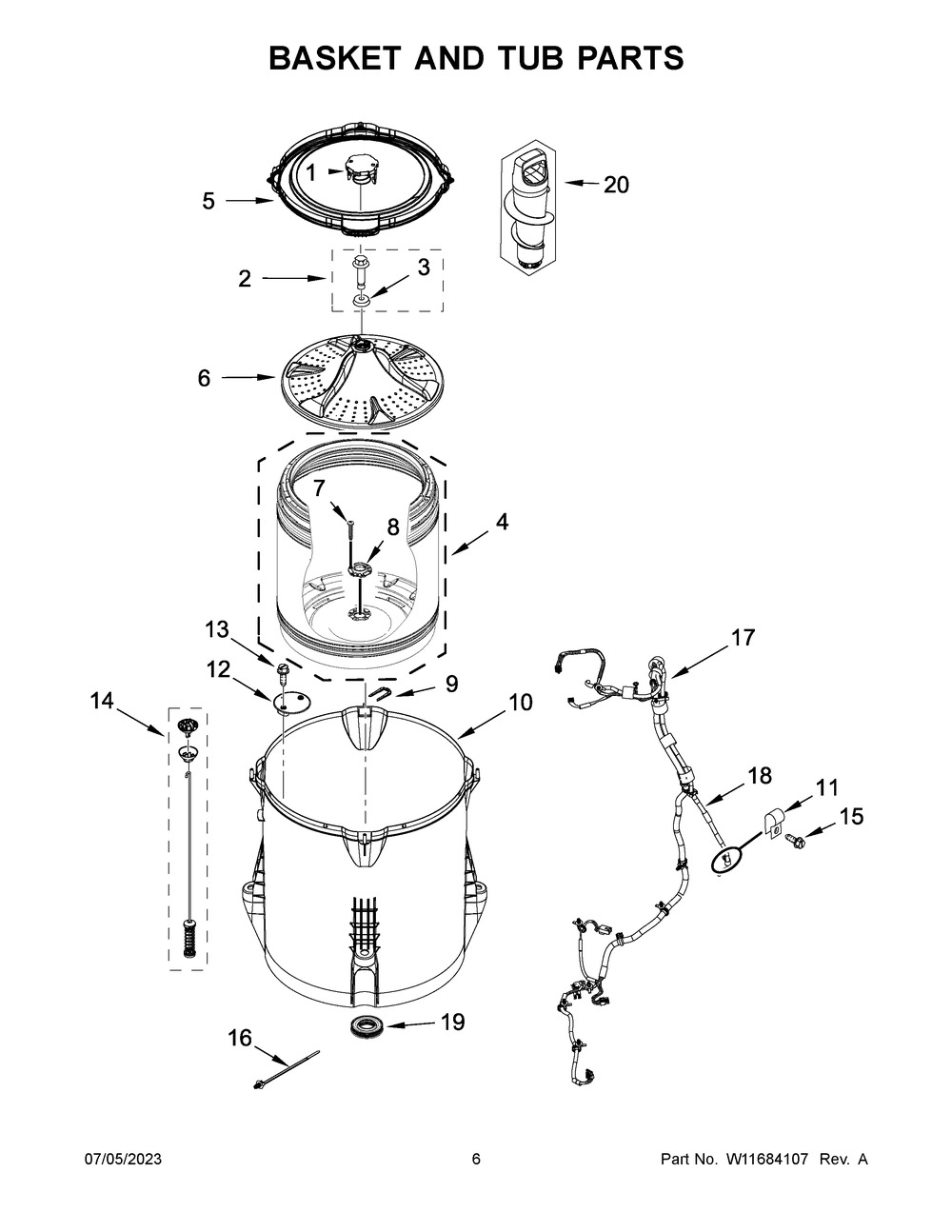 Basket And Tub Parts Diagram and Parts List for WTW4957PW0  Whirlpool Washer