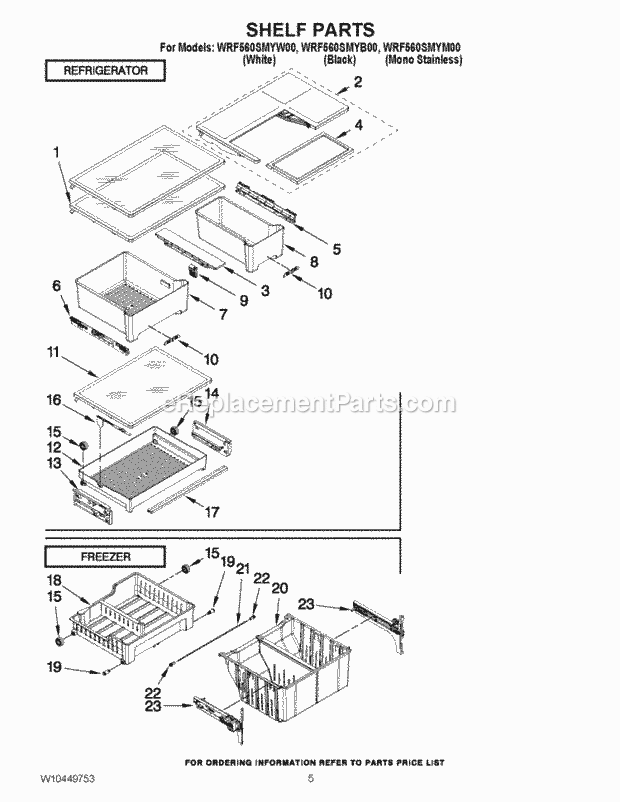 Shelf Parts Diagram and Parts List for WRF560SMYB00  Whirlpool Refrigerator