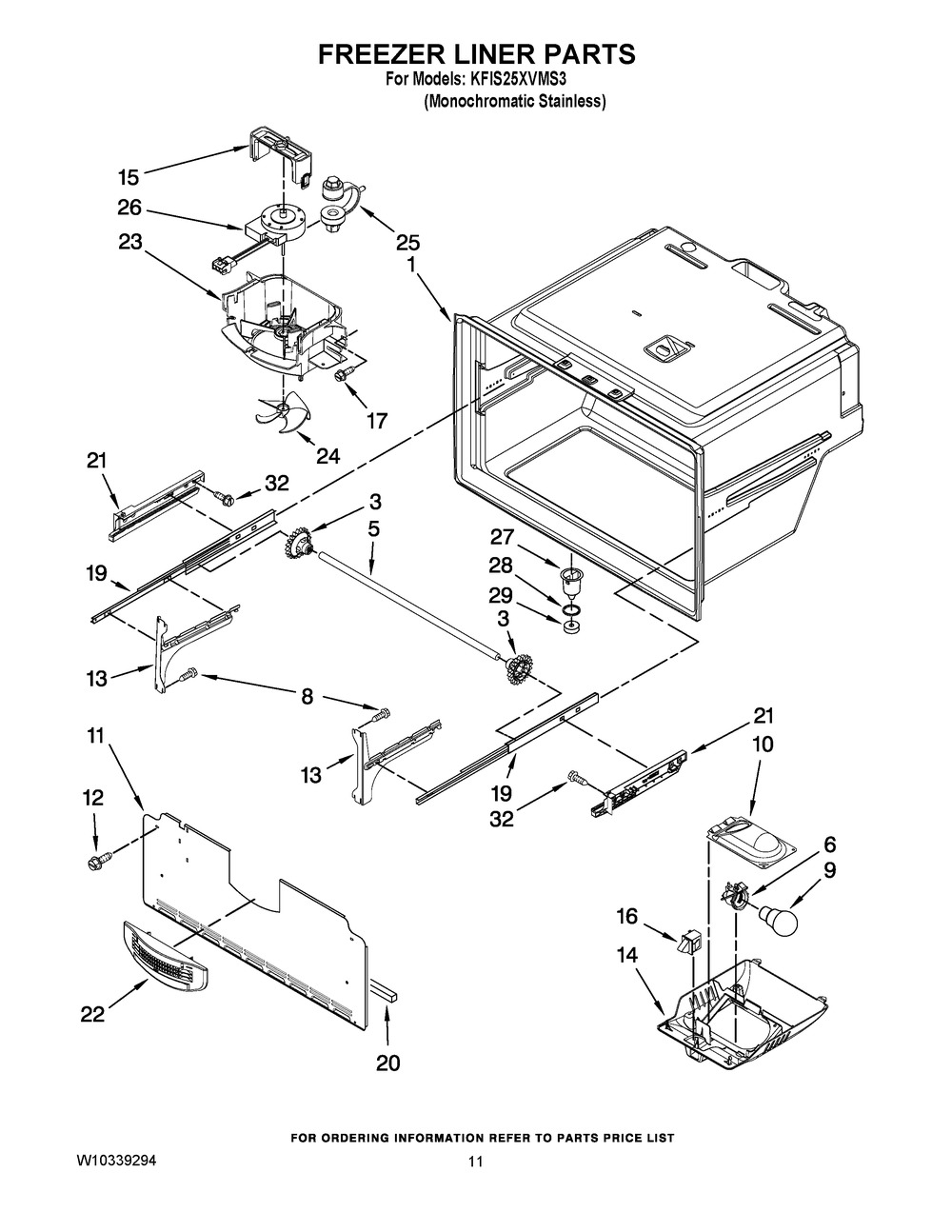 Freezer Liner Parts Diagram and Parts List for KFIS25XVMS3  Whirlpool Refrigerator