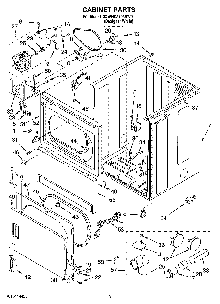 CABINET PARTS Diagram and Parts List for 3XWGD5705SW0  Whirlpool Dryer