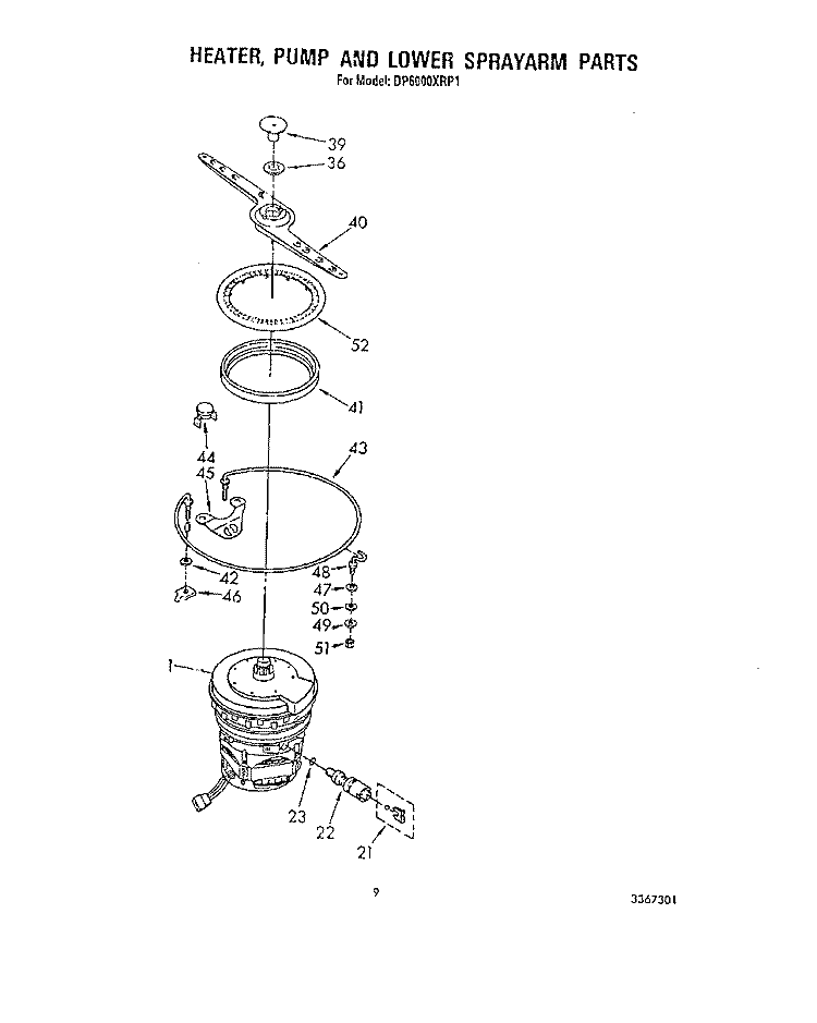 HEATER, PUMP AND LOWER SPRAYARM Diagram and Parts List for DP6000XRP1  Whirlpool Dishwasher