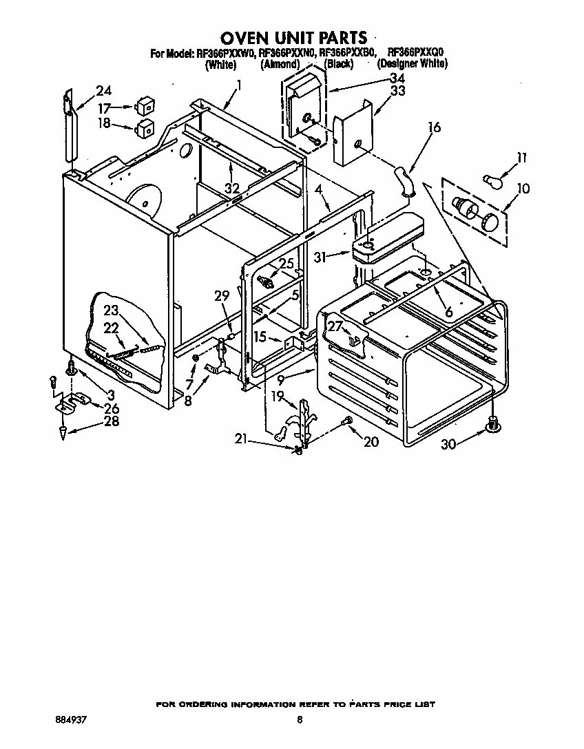 Oven Unit Diagram and Parts List for RF3660XXW0  Whirlpool Range