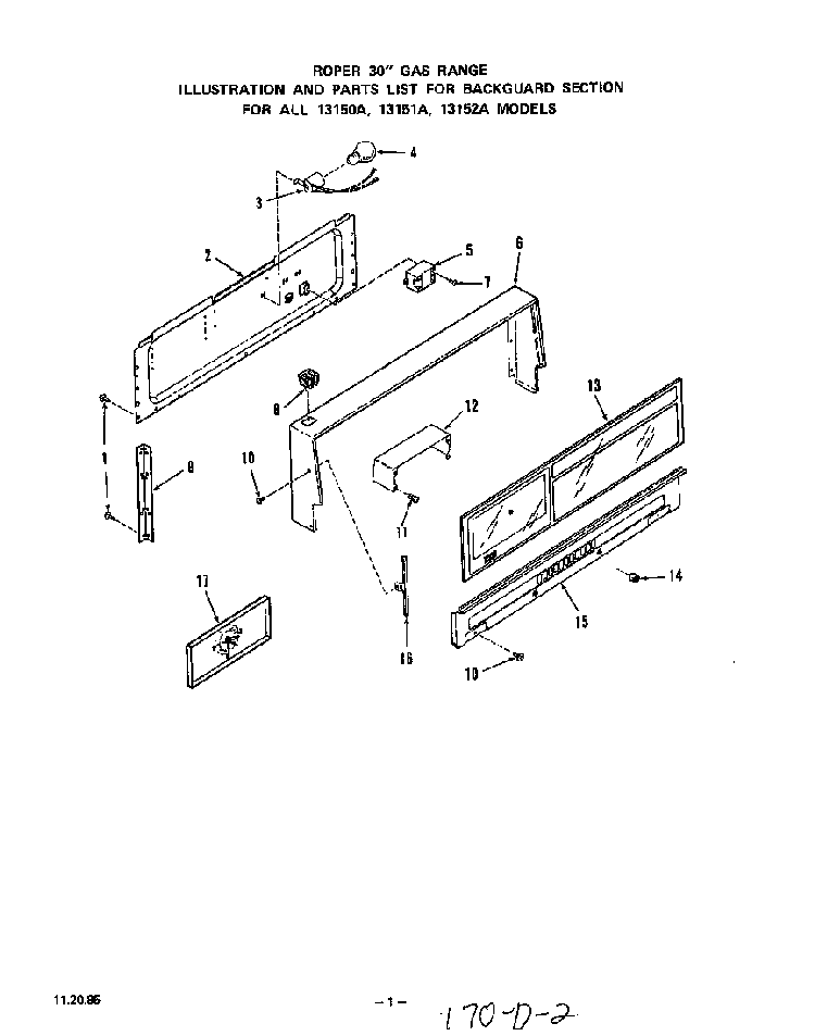 Backguard Diagram and Parts List for 1315*1A  Roper Range