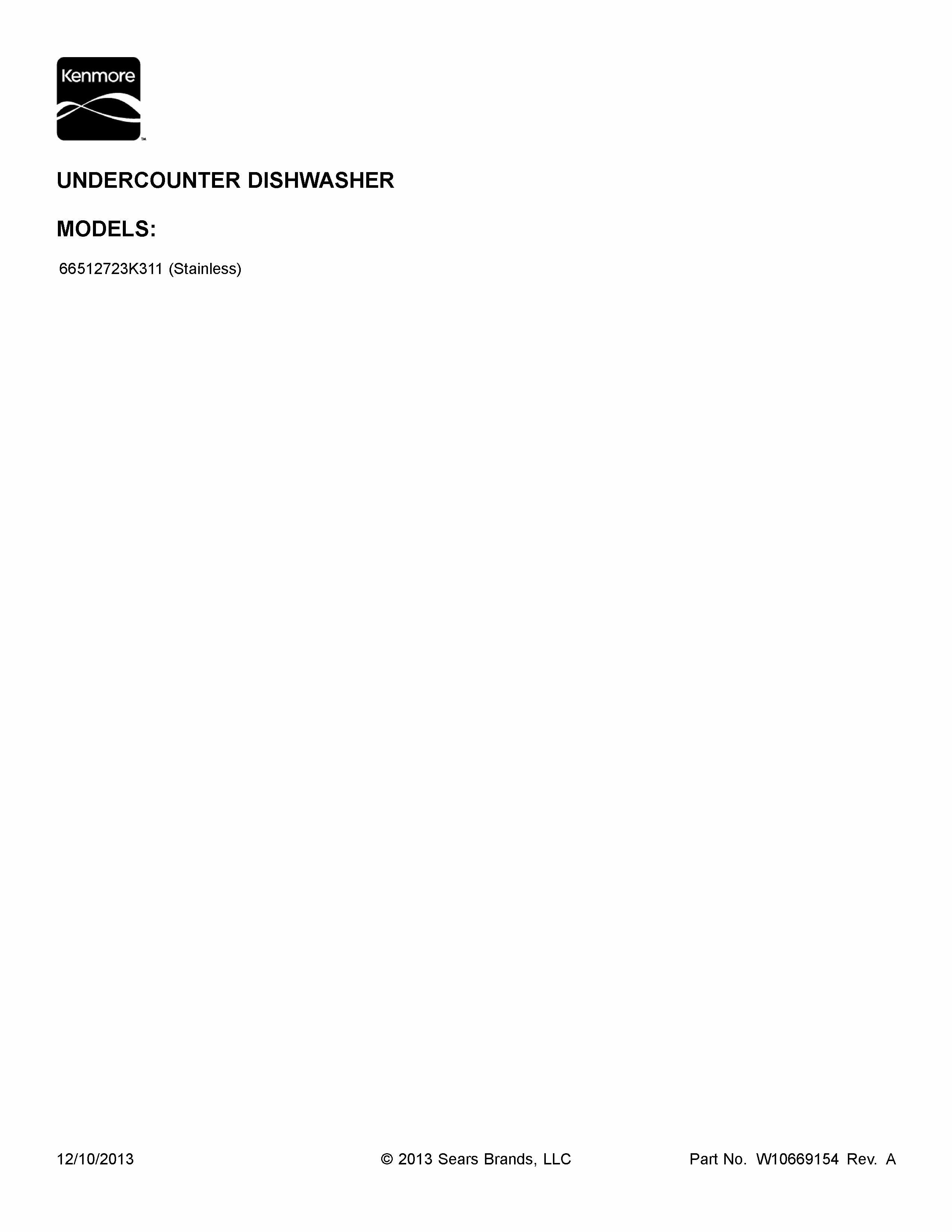 Cover Sheet Diagram and Parts List for 66512723K311  Kenmore Dishwasher