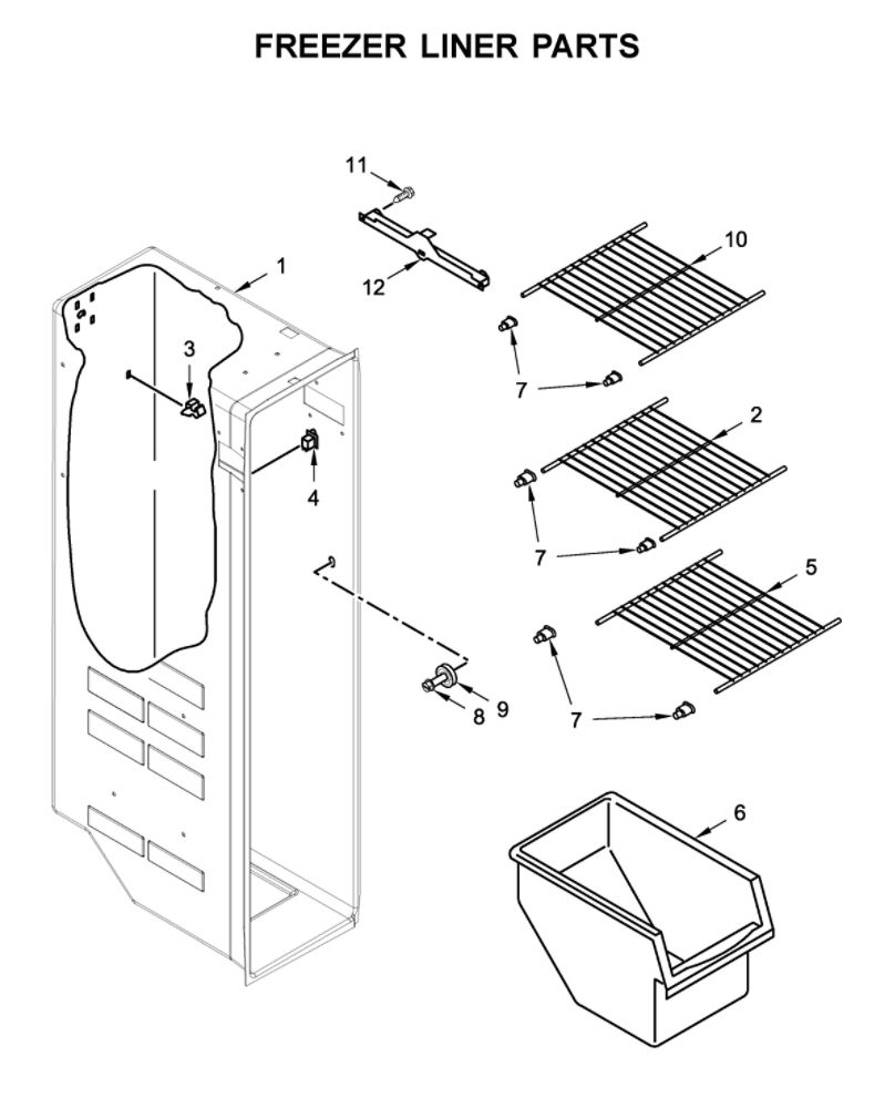 Freezer Liner Parts Diagram and Parts List for WRS315SDHM05  Whirlpool Refrigerator