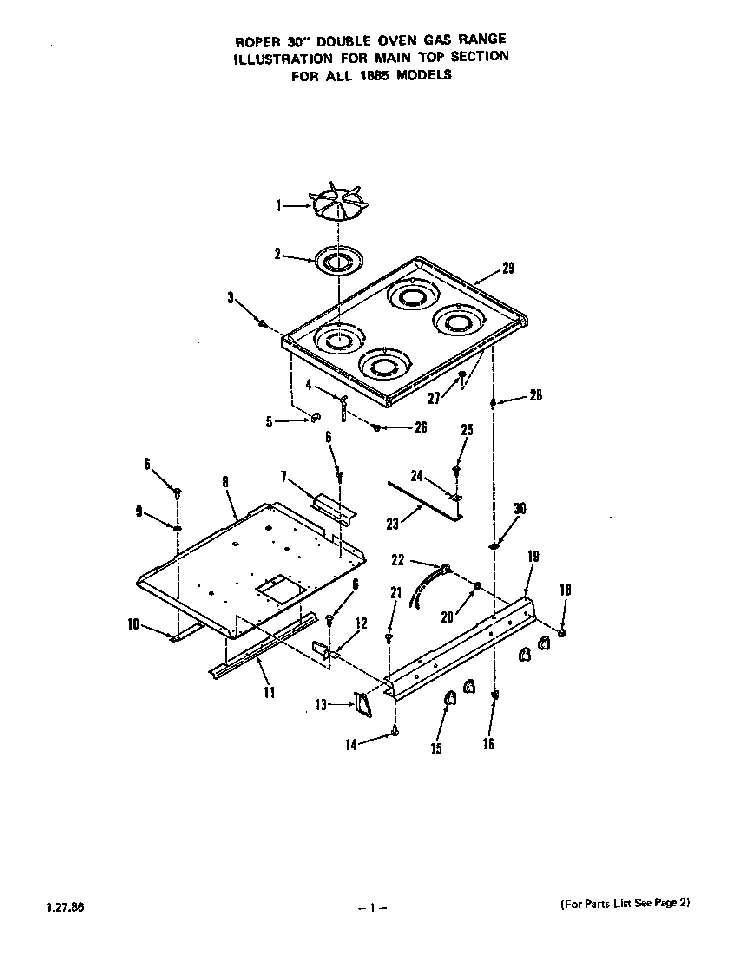 Main Top Diagram and Parts List for 1885*0A  Roper Range