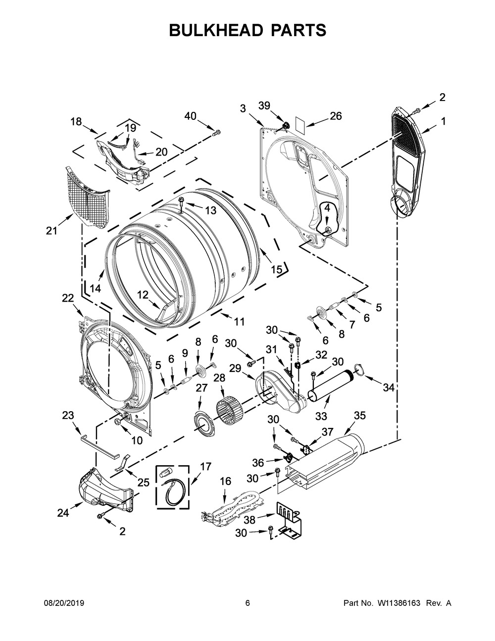 Bulkhead Parts Diagram and Parts List for YWED560LHW1  Whirlpool Dryer