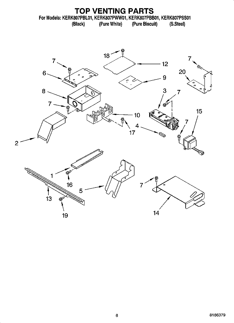 TOP VENTING PARTS, OPTIONAL PARTS Diagram and Parts List for KERK807PSS01  KitchenAid Range