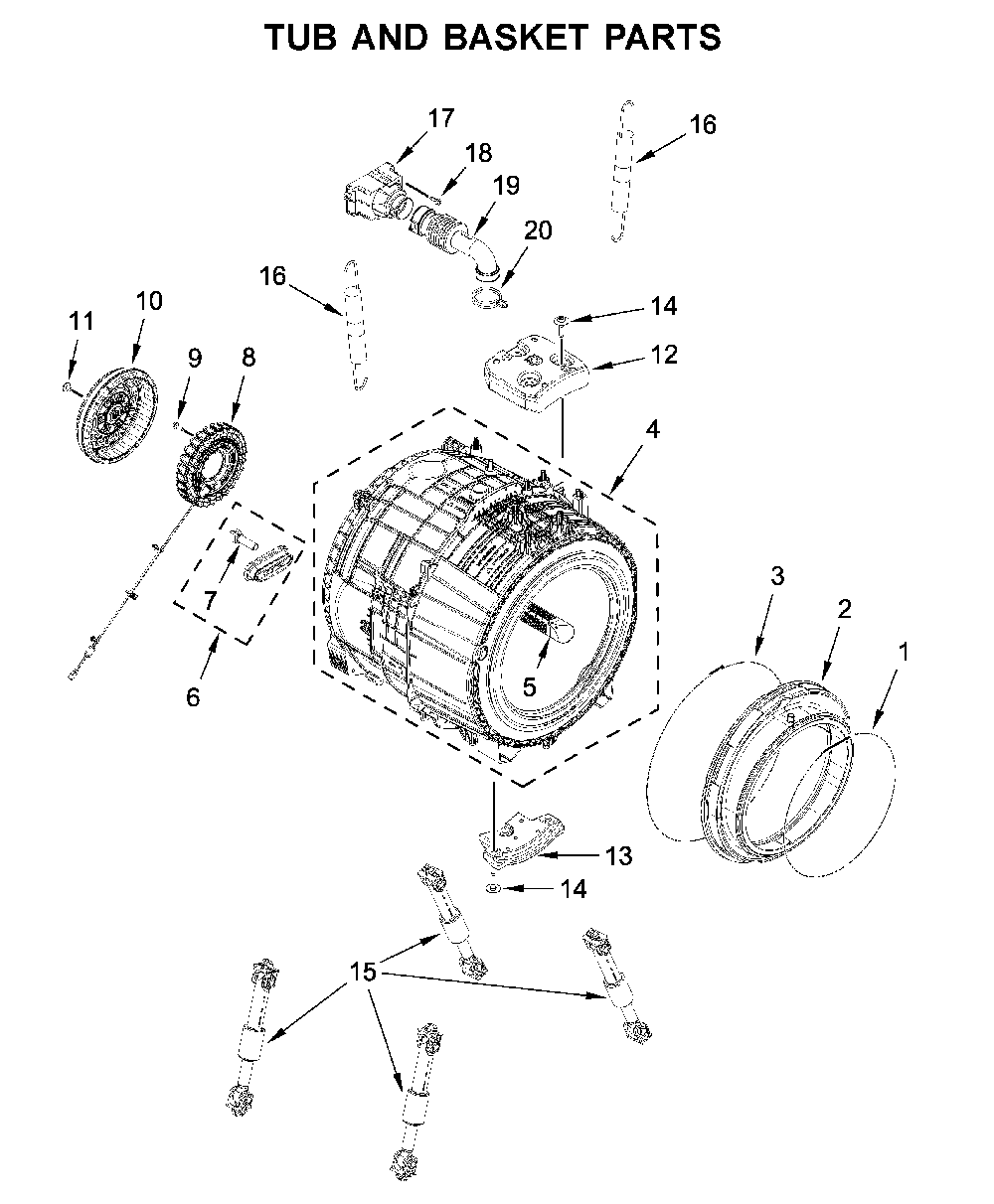 Tub and basket parts Diagram and Parts List for WFW560CHW1  Whirlpool Washer
