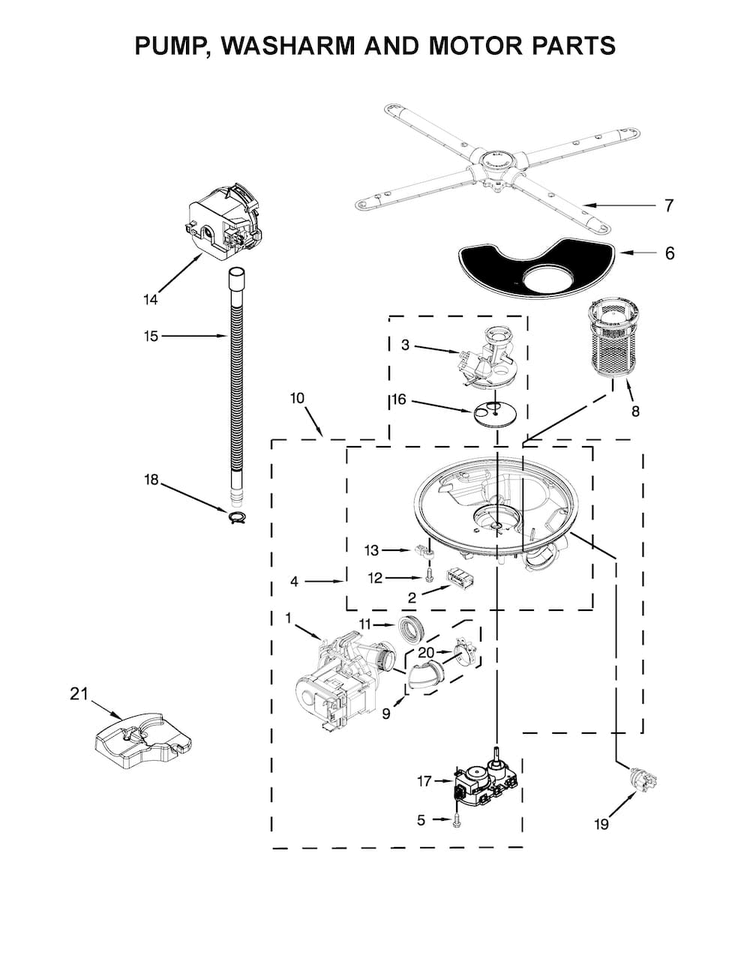 Pump, Washarm And Motor Parts Diagram and Parts List for KDTE204EBL4  KitchenAid Dishwasher