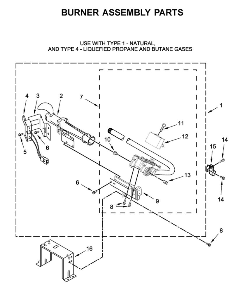 Burner Assembly Diagram and Parts List for WGD560LHW2  Whirlpool Dryer