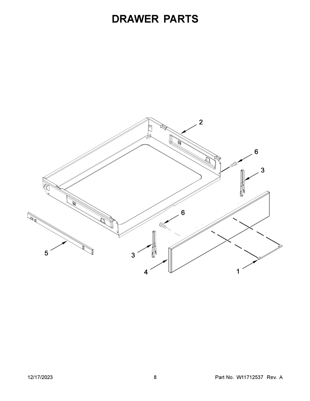 Drawer Parts Diagram and Parts List for YWEEA25H0HZ5  Whirlpool Range