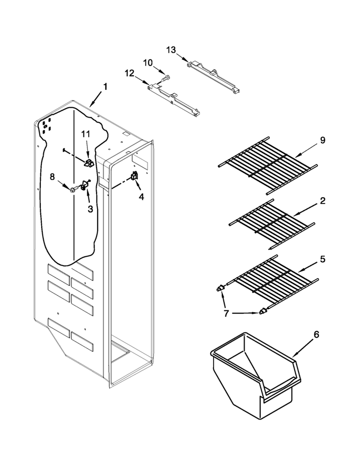 Freezer Liner Parts Diagram and Parts List for 7WRS22FDBW00  Whirlpool Refrigerator