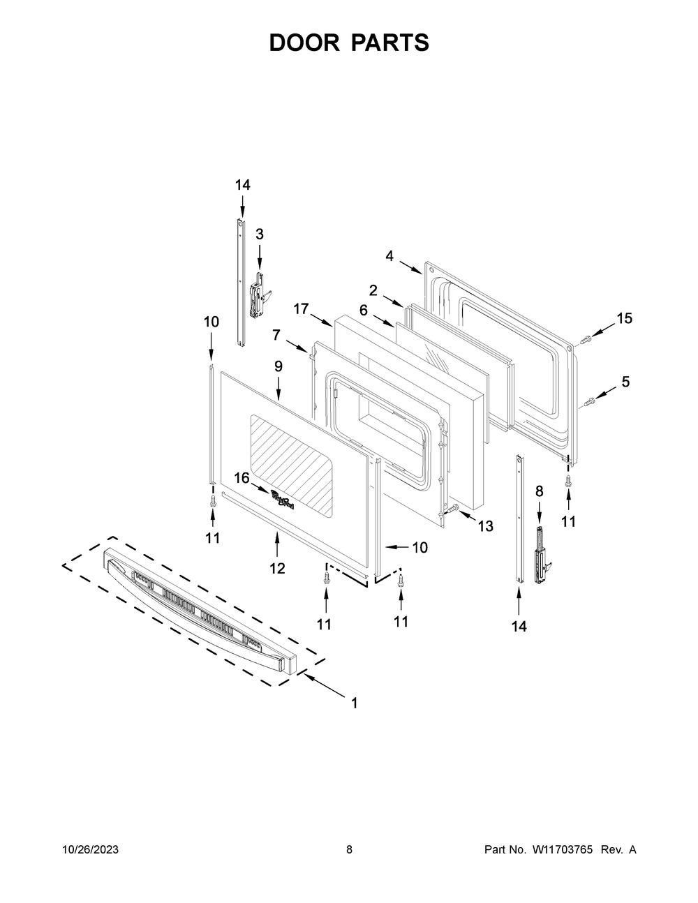 Door Parts Diagram and Parts List for YWFE550S0LV3  Whirlpool Range
