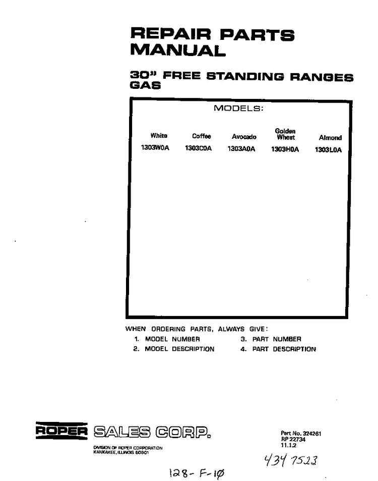 Cover Page-text Only Diagram and Parts List for 1303*0A  Roper Range