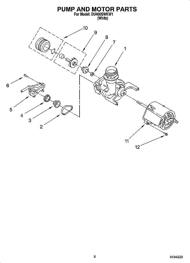 PUMP AND MOTOR PARTS Diagram and Parts List for DU400SWKW1  Whirlpool Dishwasher