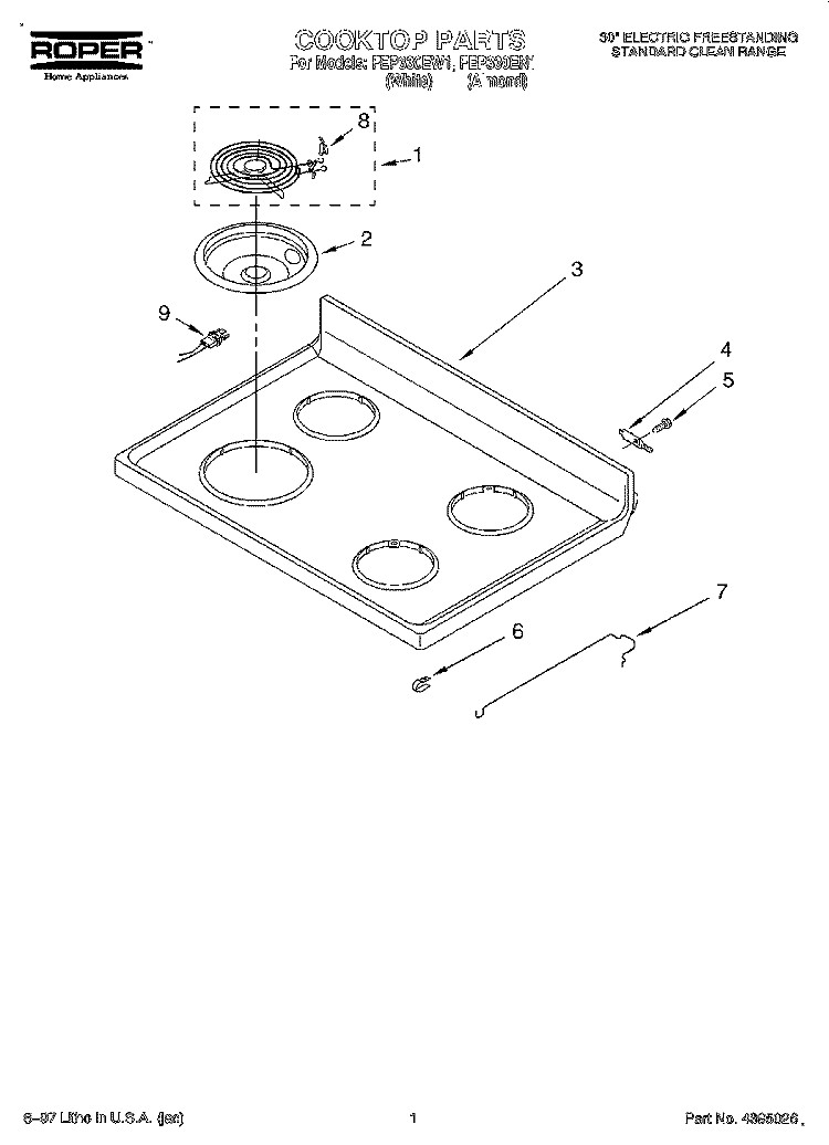 COOKTOP Diagram and Parts List for FEP330EN1  Roper Range