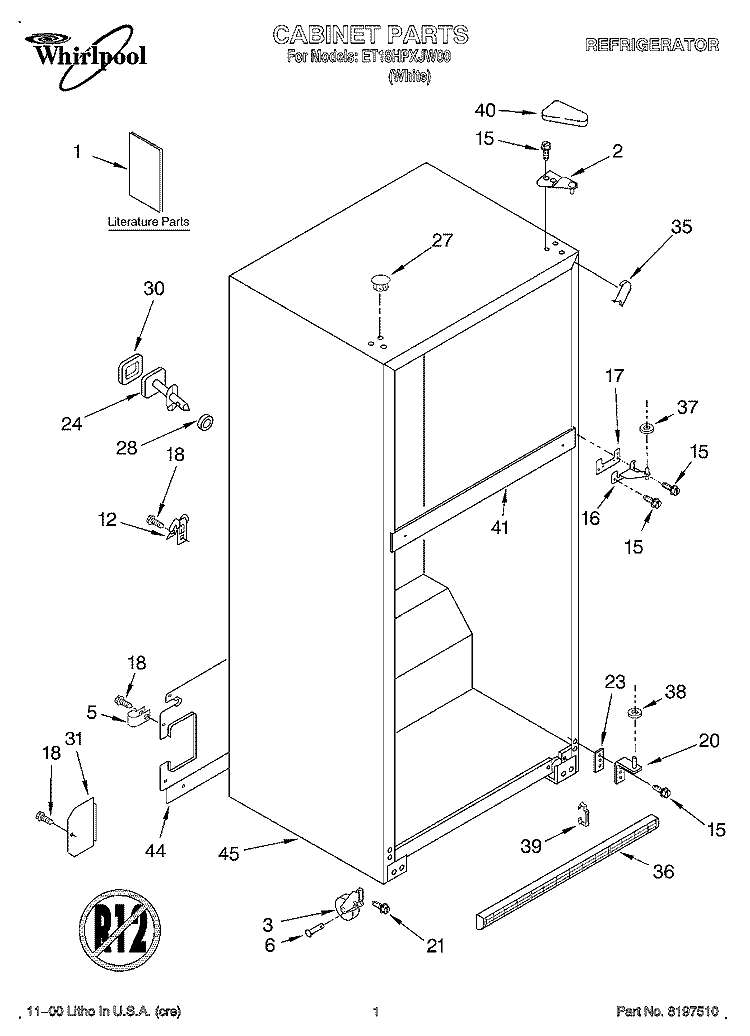 CABINET, LITERATURE Diagram and Parts List for ET18HPXJW00  Whirlpool Refrigerator