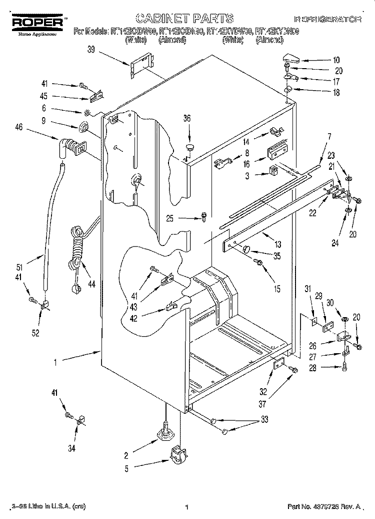 CABINET Diagram and Parts List for RT14ZKXDW00  Roper Refrigerator
