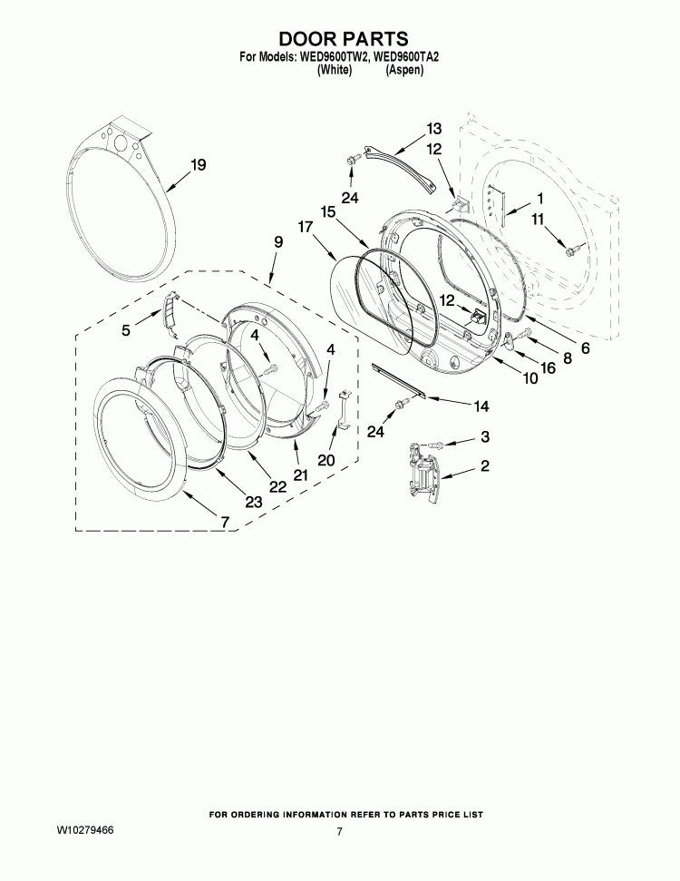 DOOR PARTS Diagram and Parts List for WED9600TW2  Whirlpool Dryer