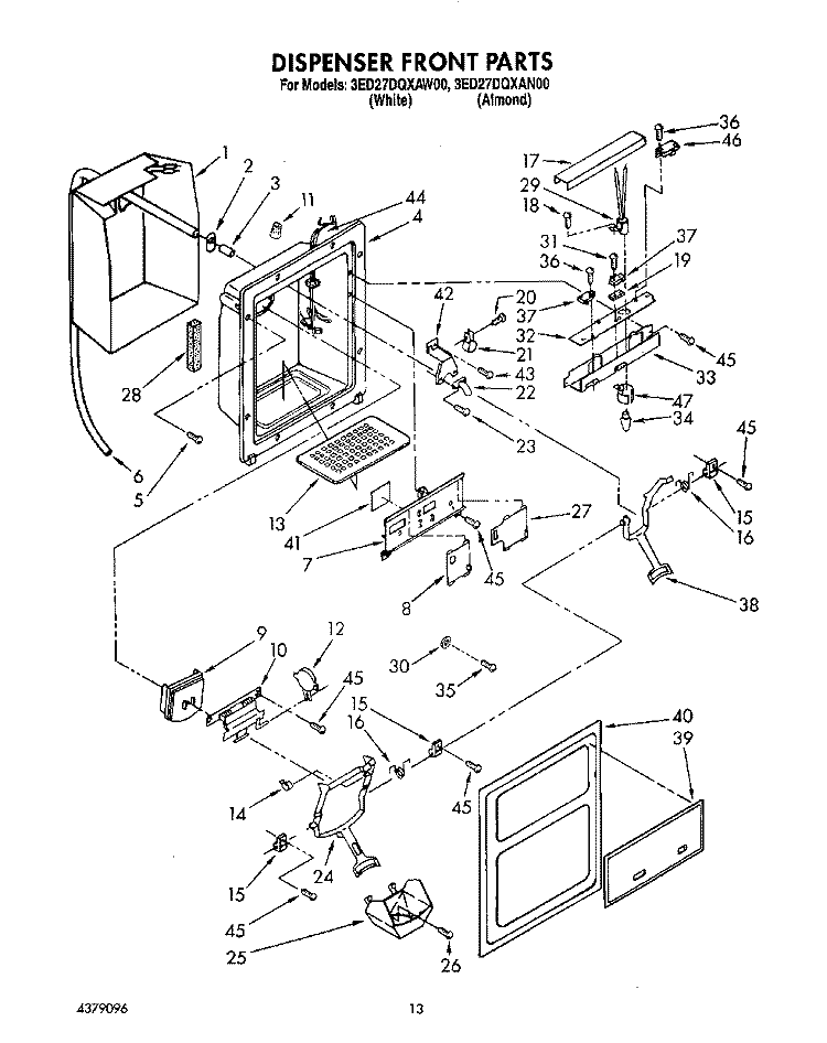 DISPENSER FRONT Diagram and Parts List for 3ED27DQXAN00  Whirlpool Refrigerator