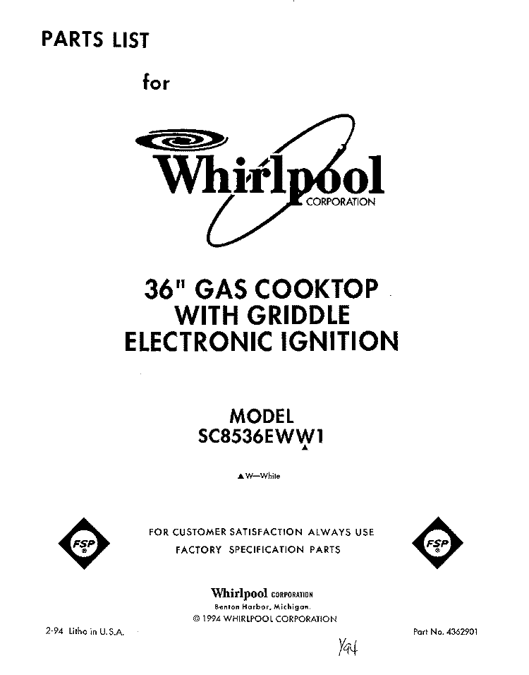 SECTION Diagram and Parts List for SC8536EWW1  Whirlpool Cooktop