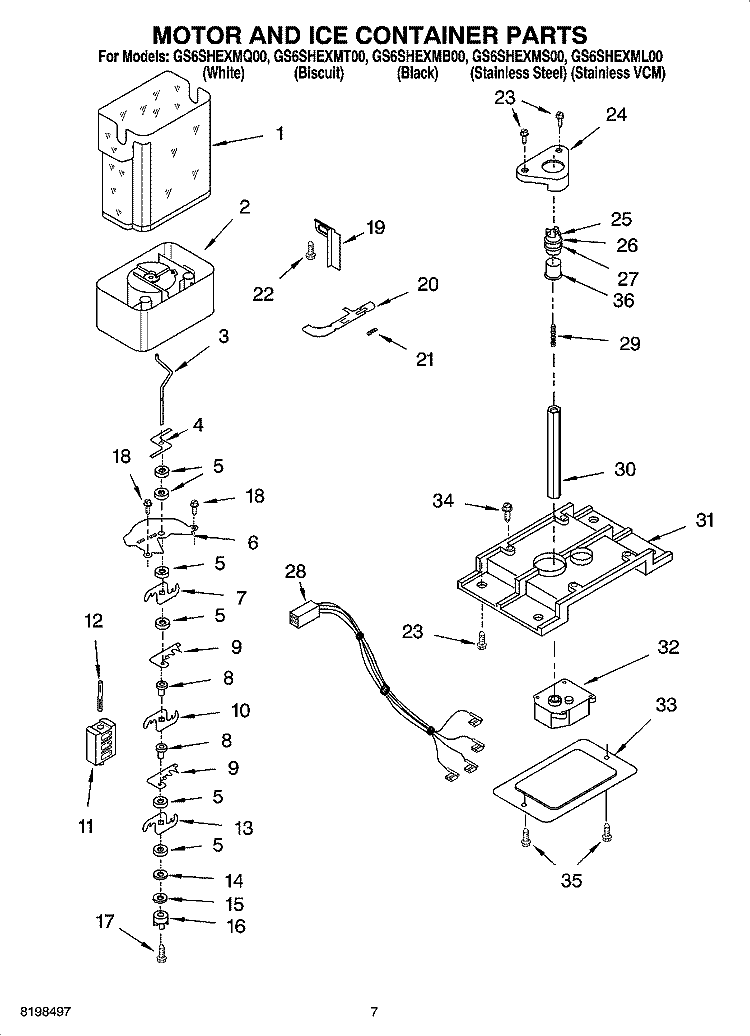 MOTOR AND ICE CONTAINER PARTS Diagram and Parts List for GS6SHEXML00  Whirlpool Refrigerator