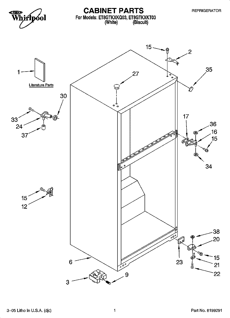 CABINET PARTS Diagram and Parts List for ET8GTKXKQ03  Whirlpool Refrigerator
